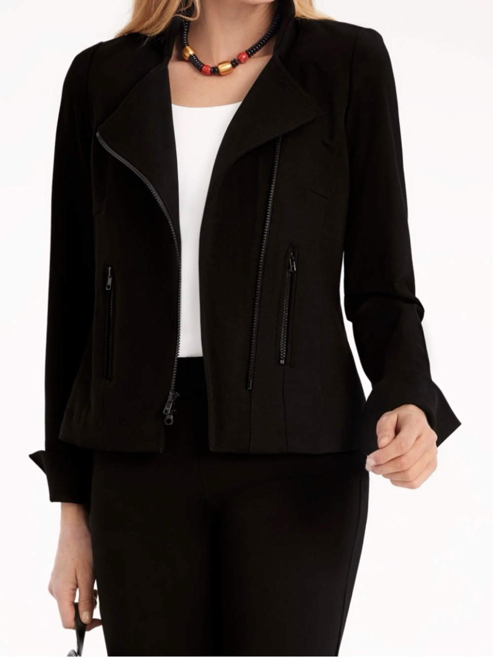 Nina McLemore Ponte Knit Bike Jacket Black Wool Silk Lining Size 2 Pre-owned